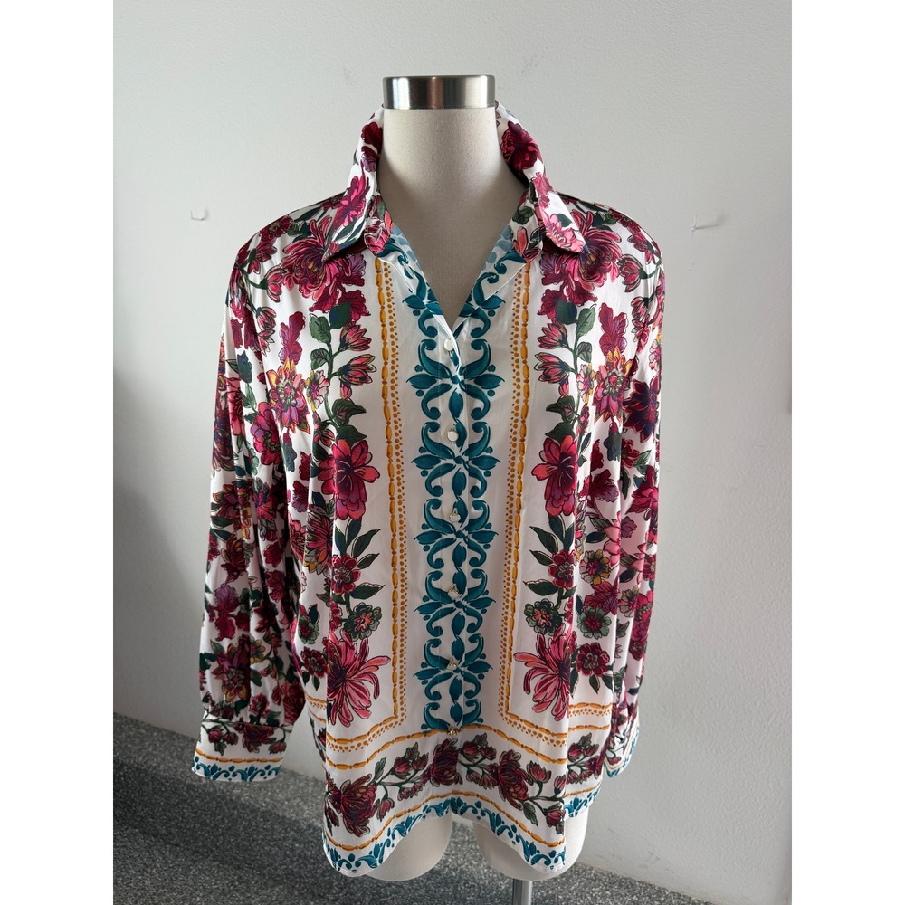 Talbots Womens Petite XL Floral Button Up Shirt Long Sleeve Multi Satin Blouse